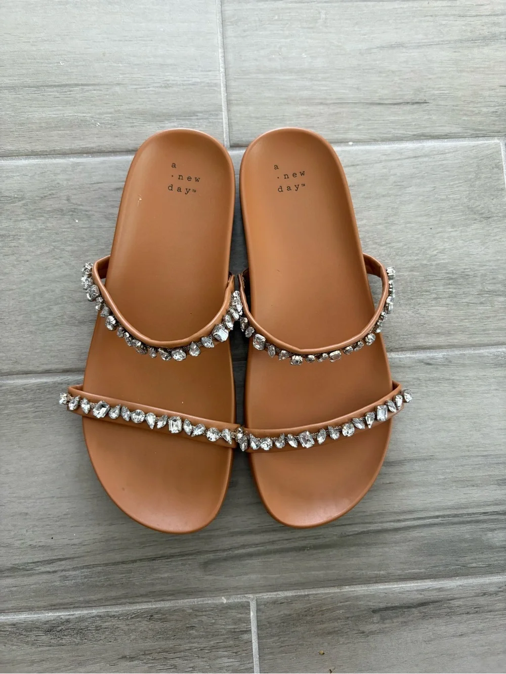 A New Day Jacky Embellished Sandals in tan with rhinestone accents
